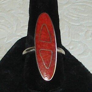 Vtg Navajo Coral Chip Inlay Silver RING, Size 7.75, Signed, Native American D76